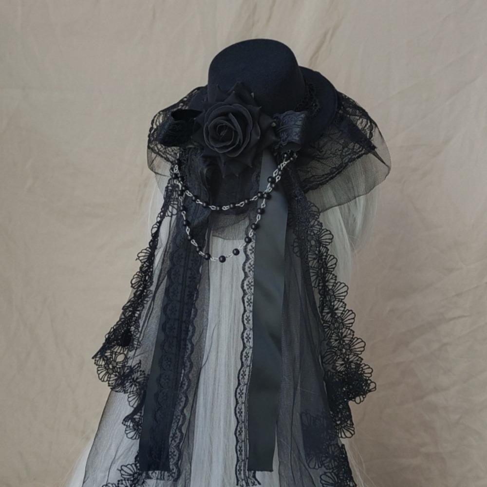 Pălărie Lolita Neagră sau Albă, cu Flori, Decor cu Fundă, Elegantă, Pălărie Înaltă, Voal Gotic, Pălărie Înaltă cu Trandafir, Bărbați
