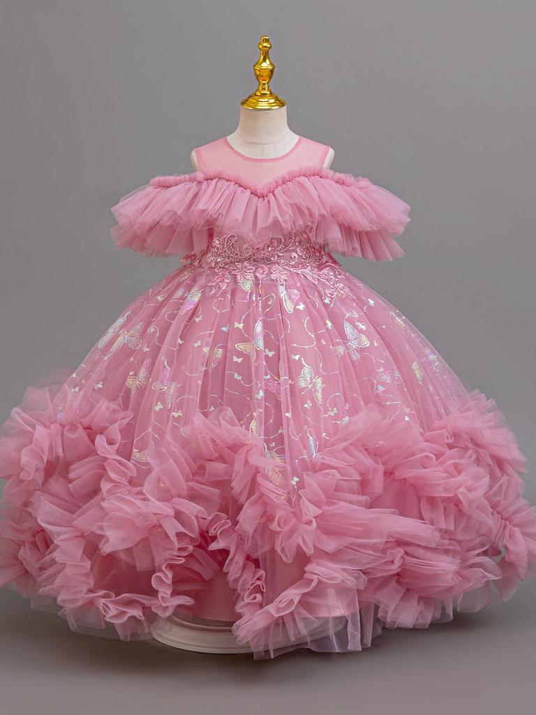 Girls' One-Shoulder Princess Dress with Mesh Puff Skirt – Formal Flower Girl Birthday Dance Costume