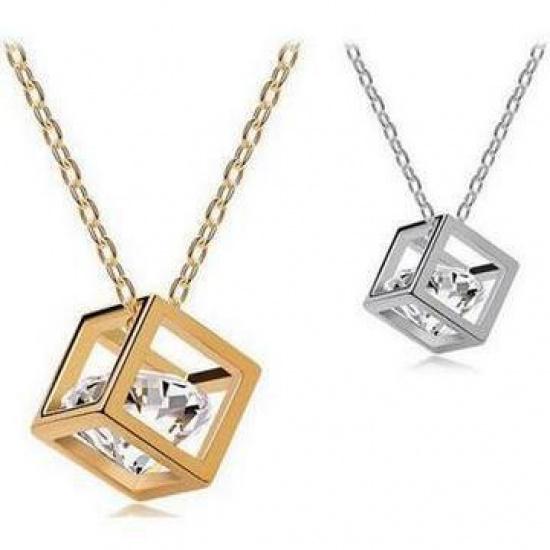 Korean Style Jewelry Three-Dimensional Love Cube Crystal Zircon Necklace Square Pendant Women s Collarbone Chain C058