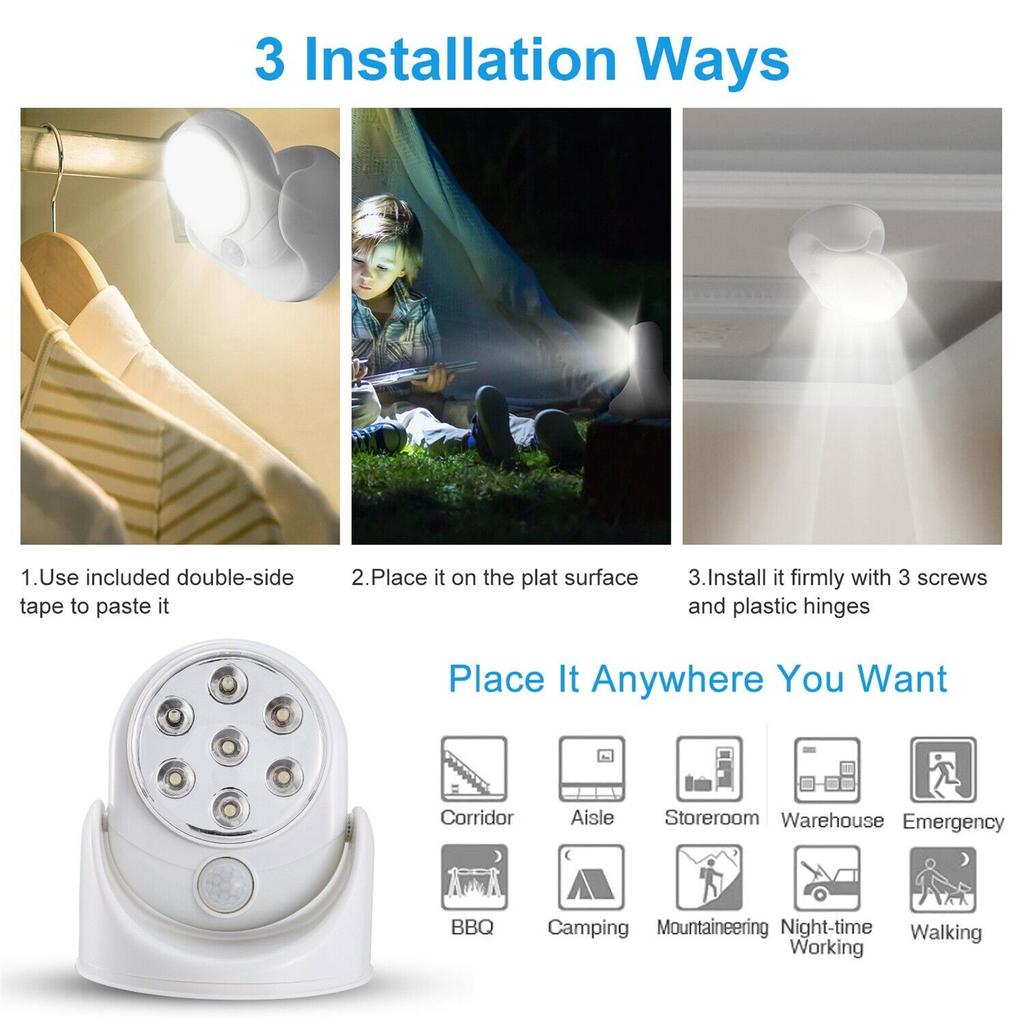 7leds Motion Light 300lm 360 Degree Rotation Indoor Cordless Adjustable Activated Sensor Spotlight