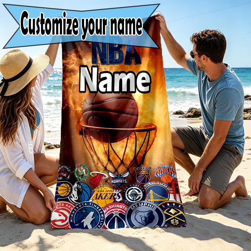Custom Name Personalized NBA Print Beach Towel, for Trip Camping Beach Party Home Decor, Birthday Gift for Family & Friends