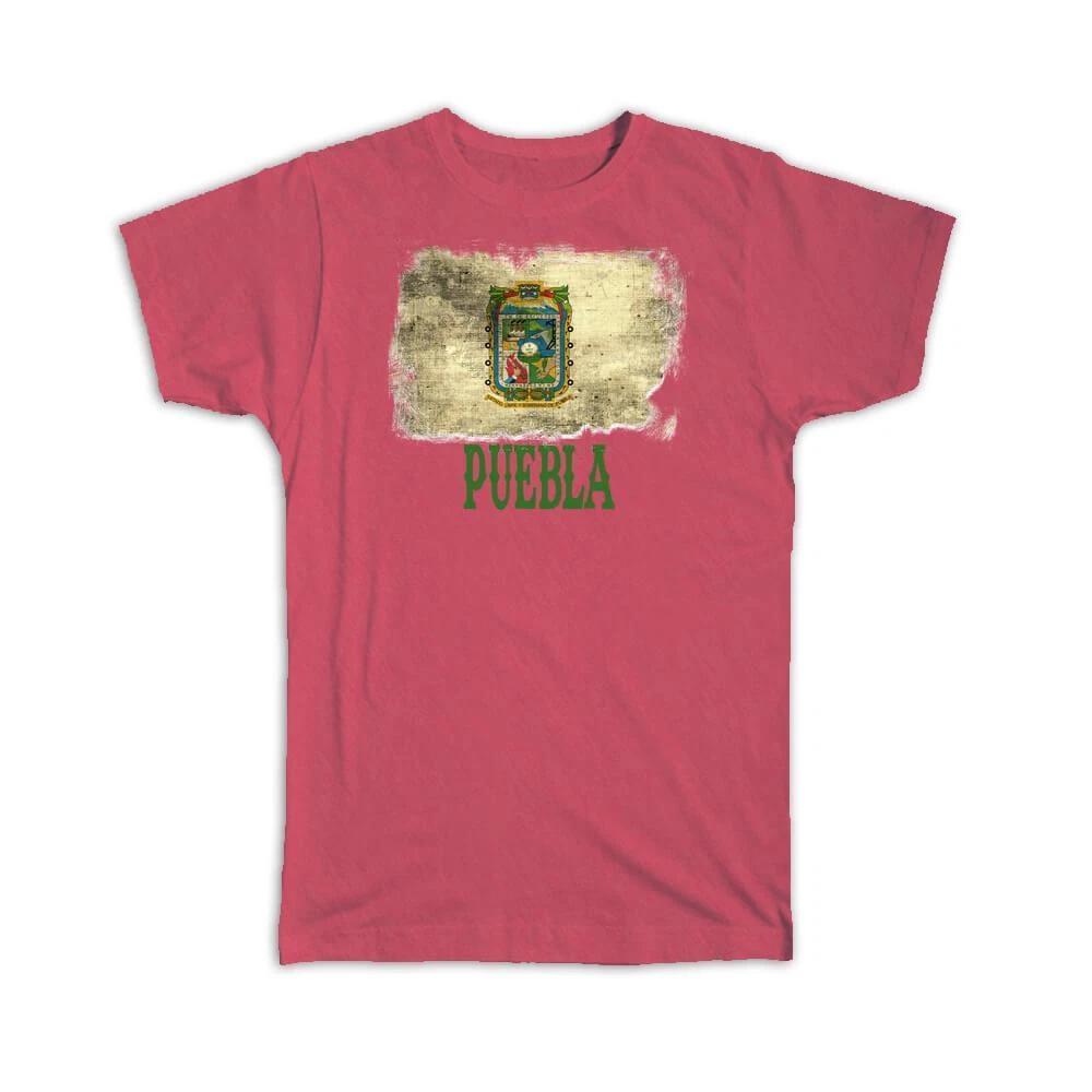 Gift T-Shirt : Puebla Mexico Distressed Flag Vintage Mexican Expat Country S