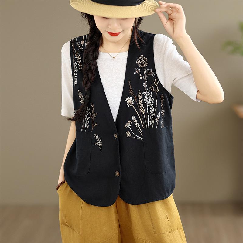2026 Retro Floral Embroidered Cotton Linen Vest - Sleeveless Spring/Summer Top XL
