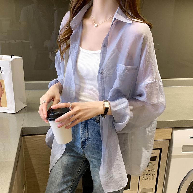 Summer Women's Chiffon Shirt Sun Protection Shirt Breathable Solid Color Shirt Loose Mid Length Top