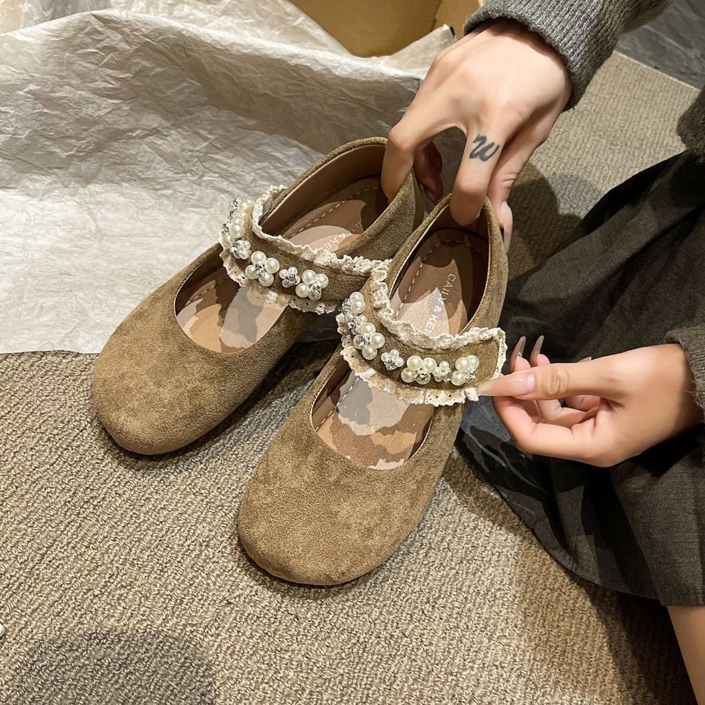 Versatile Round Head Shallow Mouth Rhinestone Flat-soled Single Shoes Women's 2025 New Spring and Autumn Skirt Retro Soft-soled Mary Jane Shoes