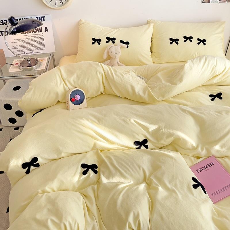 Black Bow Embroidery Duvet Cover 3 Pieces Set Girl Adult Bedroom Pink Decor Quilt Cover Solid Color Bedding with 2 Pillowcases