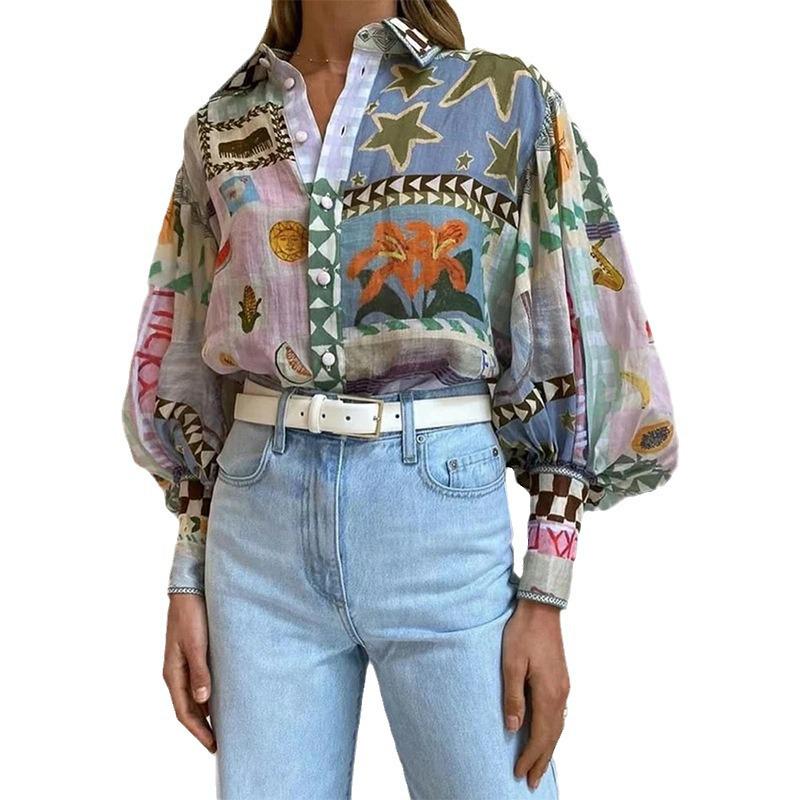 Spring 2025 European & American Women's Elegant Lapel Long Sleeve Hand-painted Print Casual Shirt