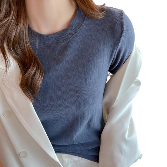 Women Bottom Tops Round Neck Long Sleeve Slim Fit Pullover Tops Solid Color Design Ribbed Texture Tee Shirt