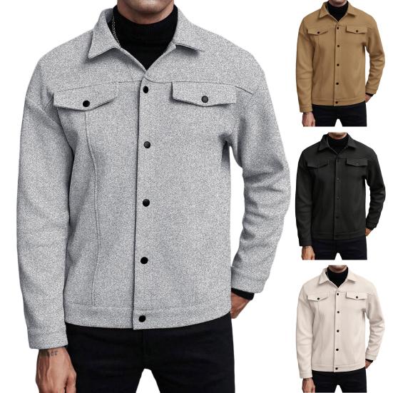 Men Jacket Woolen Lapel Design Long Sleeve Solid Color Coat with Flap Pockets Design