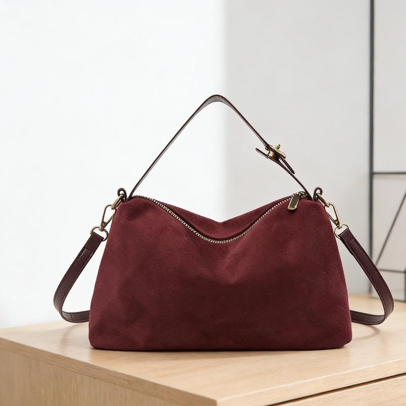 Faux Suede Solid Color Zipper Shoulder Bag 2026 Winter Exquisite Simple Casual Bags Durable for Daily Commuting Women's Handbags