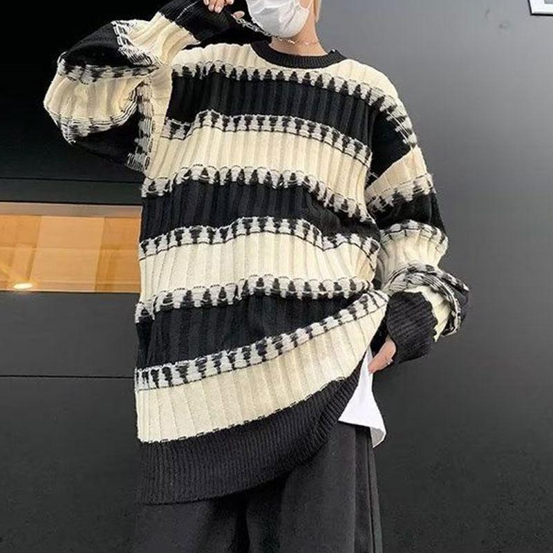 Young Style Contrasting Colors Knitted Pullovers Autumn Winter American Striped Men's Clothing Round Neck Loose Casual Sweaters