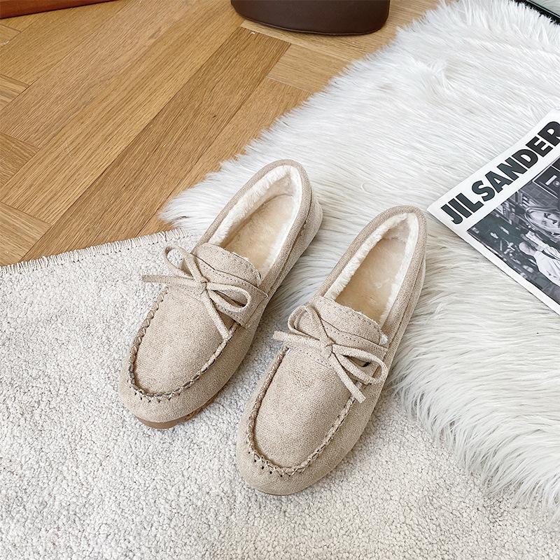 Large size women's shoes bow mother shoes women's autumn and winter new soft sole one-pedal flat heel velvet warm pregnant women's single shoes