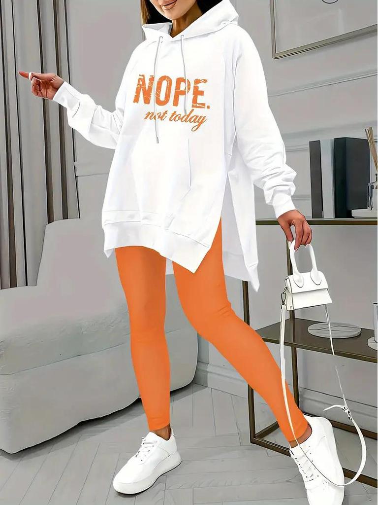 2024 Women's Casual Hooded Print Sweatshirt & Slit Pocket Pants Set - European/American Style