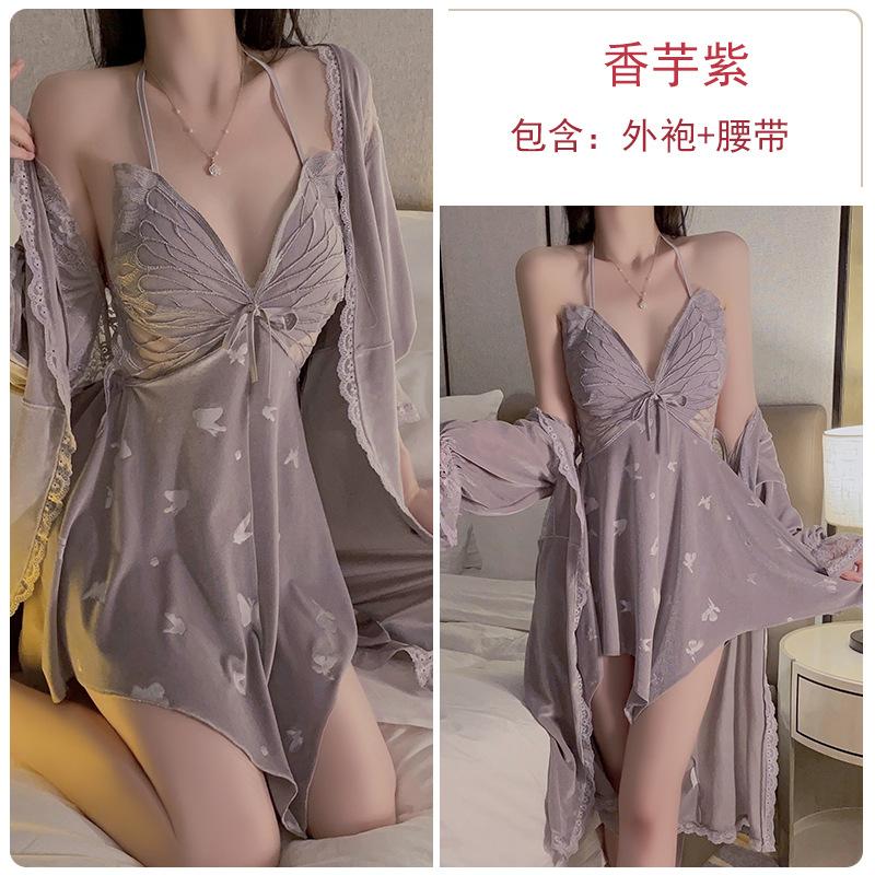 Women's Velvet Butterfly Padded Cami Sleep Dress with Robe for Fall Winter