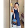 Blue plaid sleeveless dress literary style Mori retro small fresh vacation suspender vest long dress