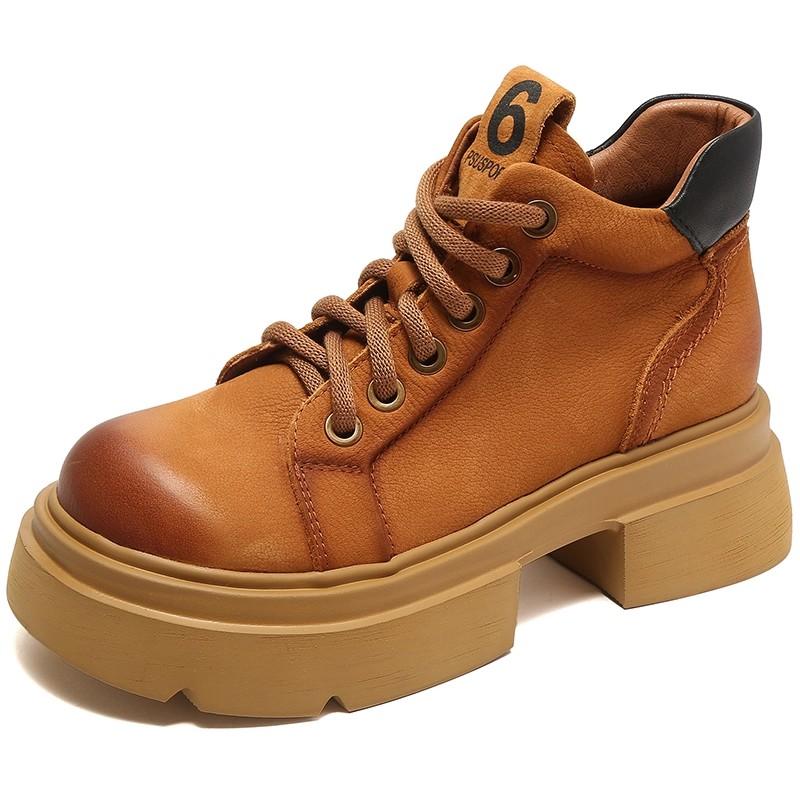 Fashion GKTINOO 2025 Autumn Winter New Retro Genuine Leather Lace-up Short Boots Round Toe Thick Sole Casual Versatile Women's Shoes