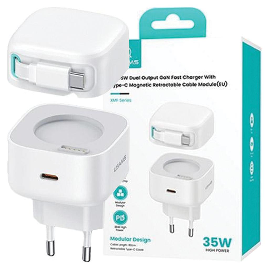 Usams Ład. Siec. 1Xusb-C Ze Zwijanymkablem Usb-C Retractable Pd+Qc 35W Gan Fast Charging Biały/White Xmf Series Cc202Tc02 (Us-Cc202)