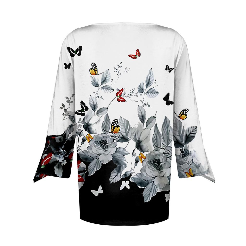 Damenmode V-Ausschnitt Druck 3/4 Ärmel Druck T-Shirt Slim Top Lässige Oberteile