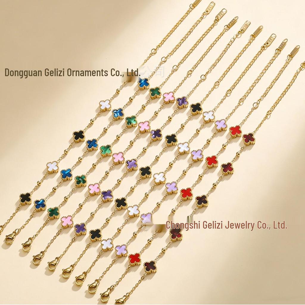 9MM Titanium Steel Colorfast Lucky Clover Bracelet with Shell Four-Leaf Clover Design.