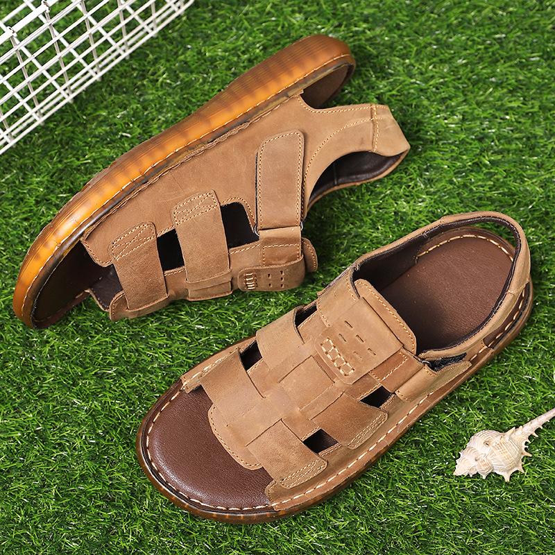 Summer Cowhide Bag Head Men's Casual Hollow Hole Leather Sandals Men's Trendy Leather Driving Soft-soled Non-slip Beach Shoes