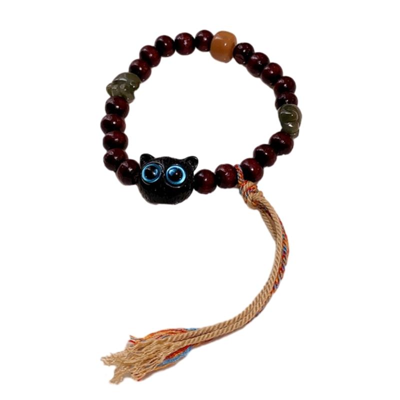 

Cute Cat Charm Bracelet Rope Bracelet Chinese Style Adjustable Bracelets Handmade Wrist Jewelry Wood Beads Bracelet 1 синій