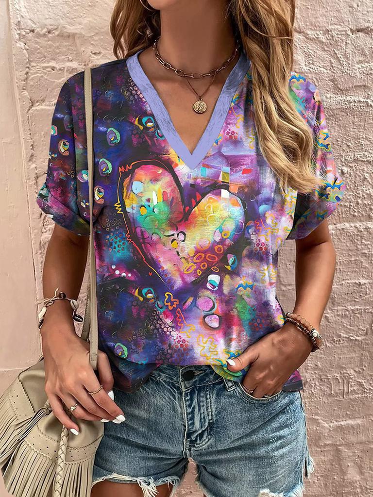 2025 New Summer Women's V-Neck T-Shirt Outdoor Casual Short Sleeve Tops Fashion Love Style Pattern OverSize Women's Clothing