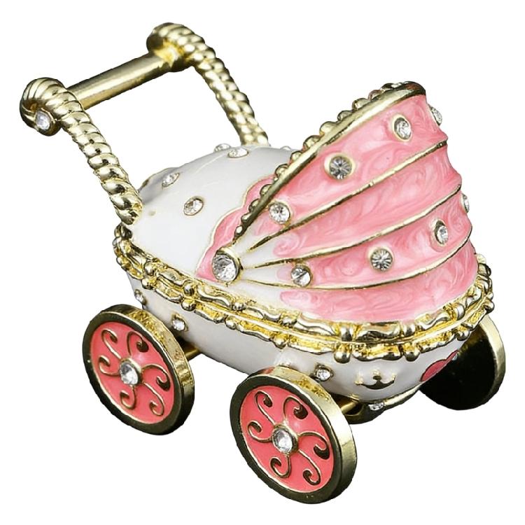 Enamel Coated Rhinestones Studded Metal Jewelry Box Baby Carriage Storage Container for Jewelry Organization