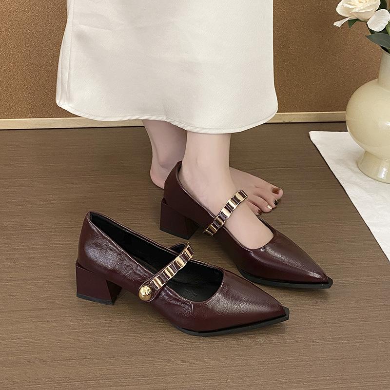 French temperament pointed high heels women's 2025 summer and autumn new one-word strap Mary Jane with skirt thick heel single shoes