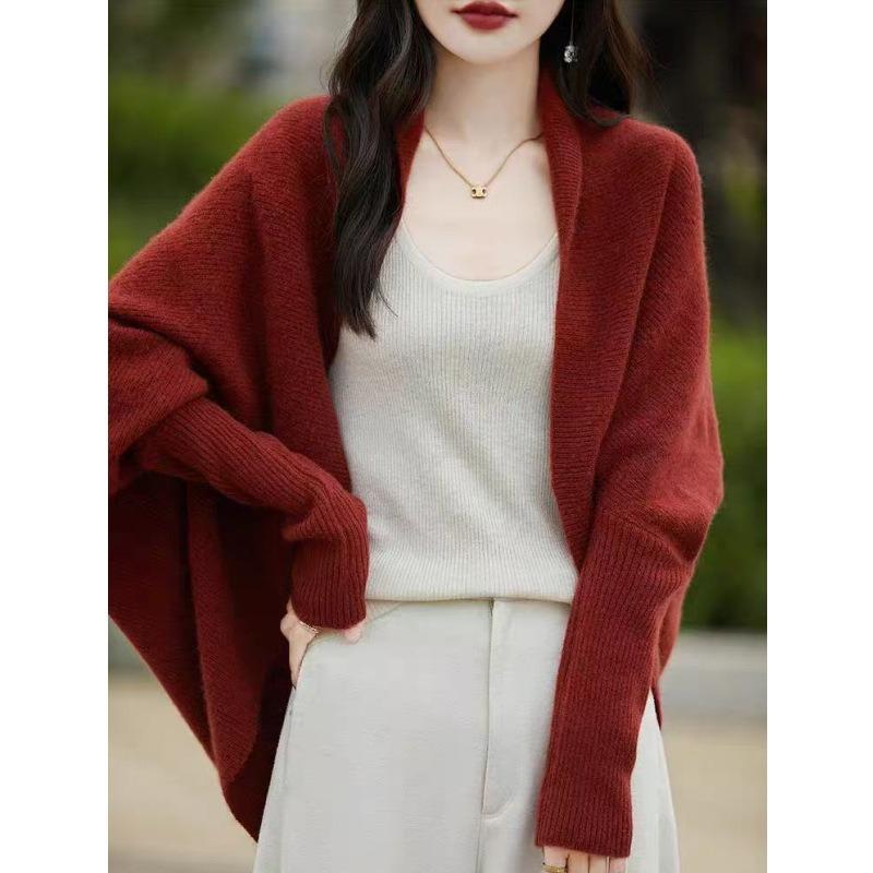 Temperament Outer Batwing Sleeve Cardigan Women's Loose Lazy Style Autumn and Winter New Knitted Sweater Jacket Cape Shawl Top