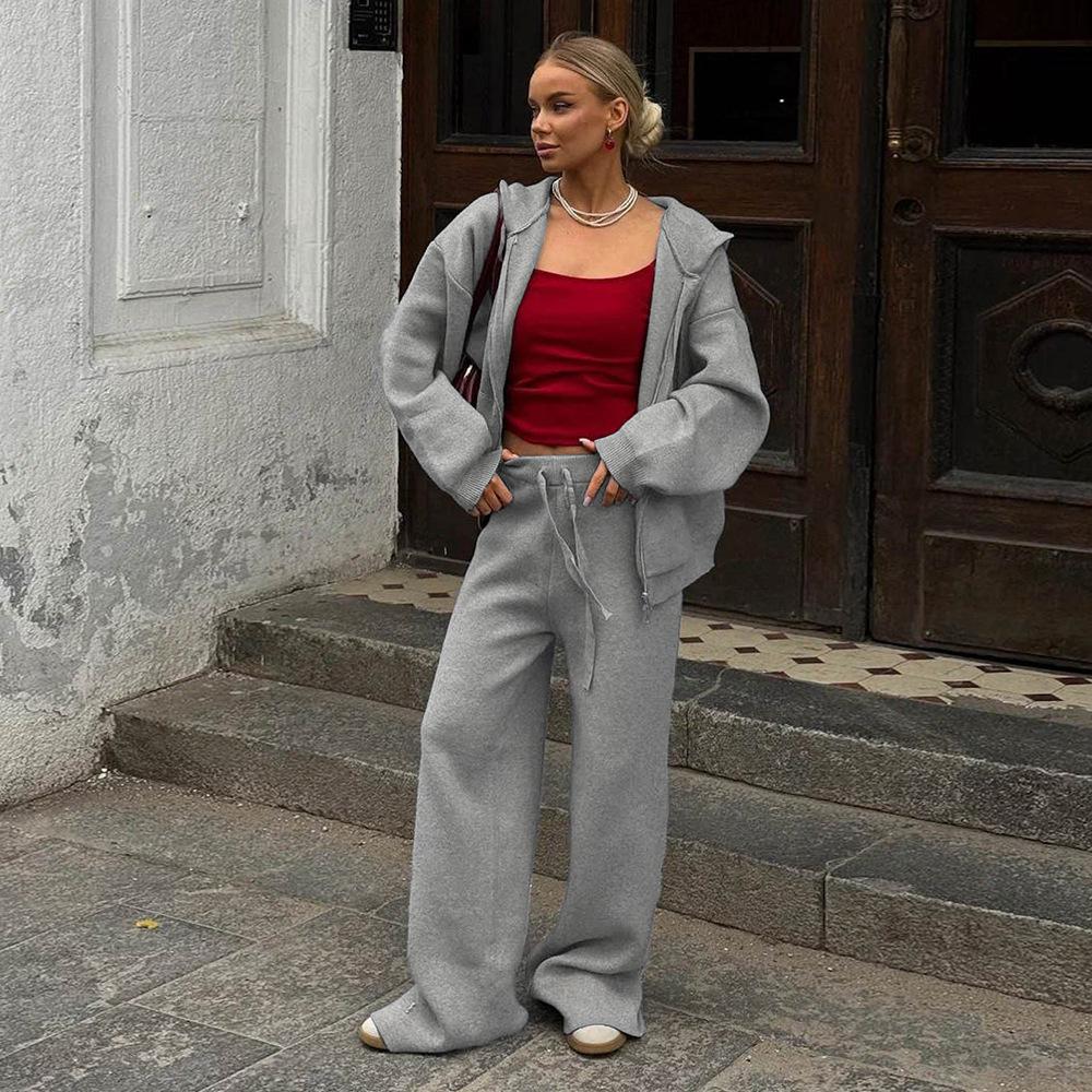 European & American 2026 Autumn/Winter New Zipper Hooded Knit Cardigan Wide-Leg Pants Lazy Style Two-Piece Set