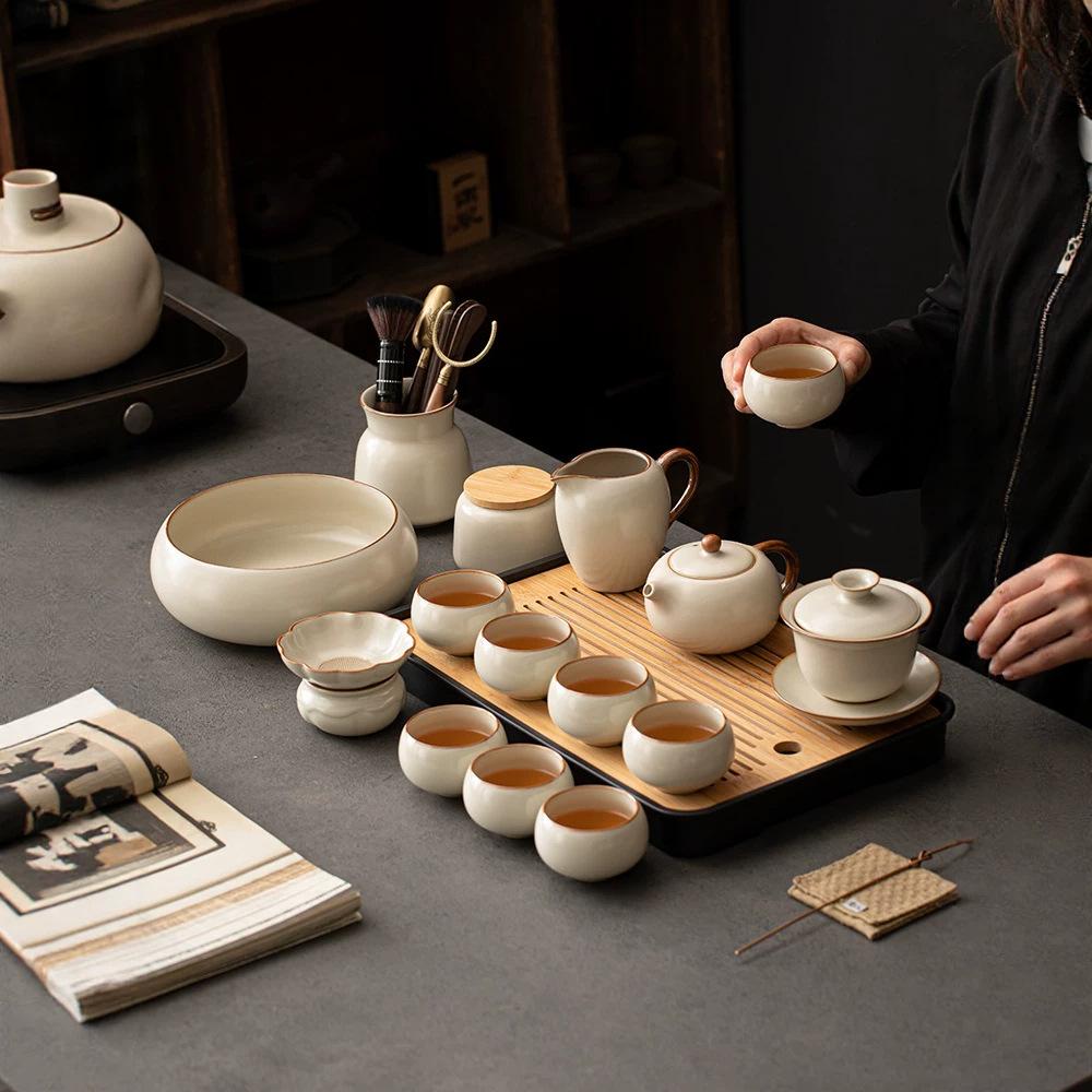 Ru kiln Kung Fu tea set Household Xishi pot set New tea set Tea table set