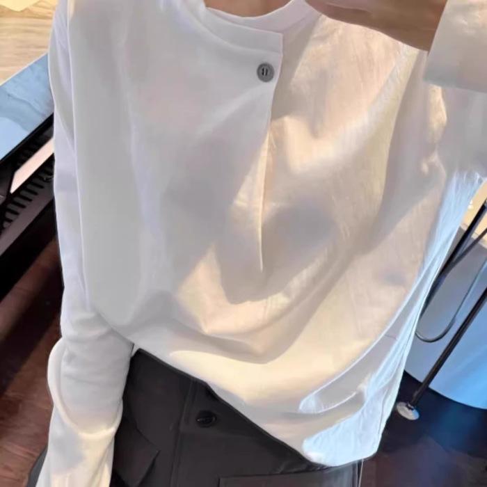 

95 хлопок 5 спандекс 2025 весна и осень новая корейская версия футболка с длинным рукавом женский дизайн S белый