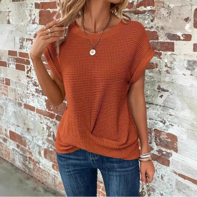 Summer Solid Color Round Neck T-shirt Elegant Short Twist Hem Top T-Shirts Women’s