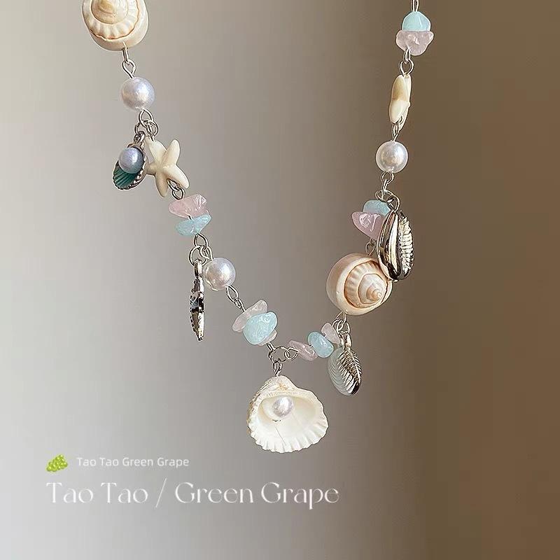 Boho Beach Shell Starfish Necklace - Pearl & Aquamarine Beaded Coastal Jewelry for Women