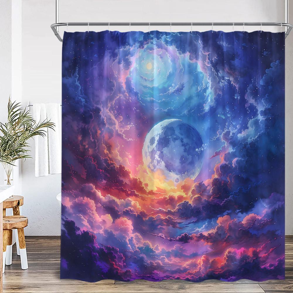 Fantasy Sky Meteor Shower Curtain Full Moon Space Universe Forest Cloud Magic Astrology Polyester Bath Curtain Decor With Hook
