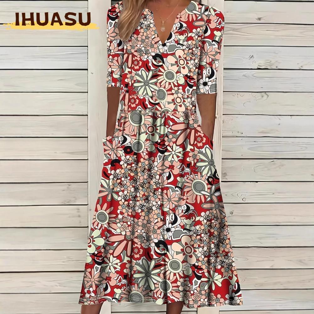 IHUASU Abiti Casual Estivi Primaverili a Manica Corta con Scollo a V