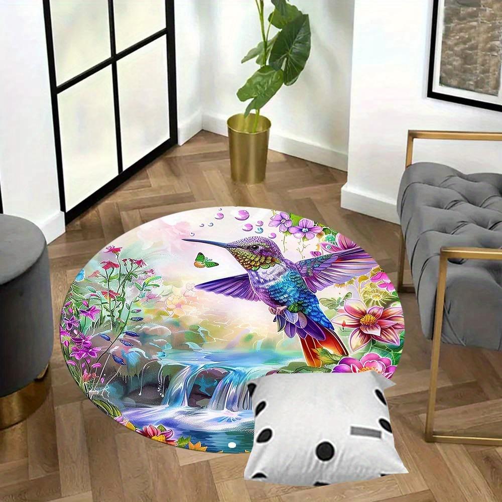Hummingbird garden rug flannel round mat nature lover decor living room bedroom floral waterfall bird butterfly art