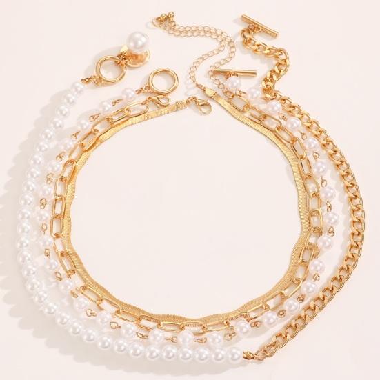 1 Ensemble Bracelet Collier Boucle OT Chaînes Cubaines Perles Imitation Collier à Longueur Réglable Bijoux à Superposer Cadeau