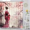 Cortina de Ducha Japonesa, Olas del Mar Flor de Cerezo Sol Rojo Anime Mujer con Kimono Paisaje del Monte Fuji Ave Grulla Tinta Decoración de Baño