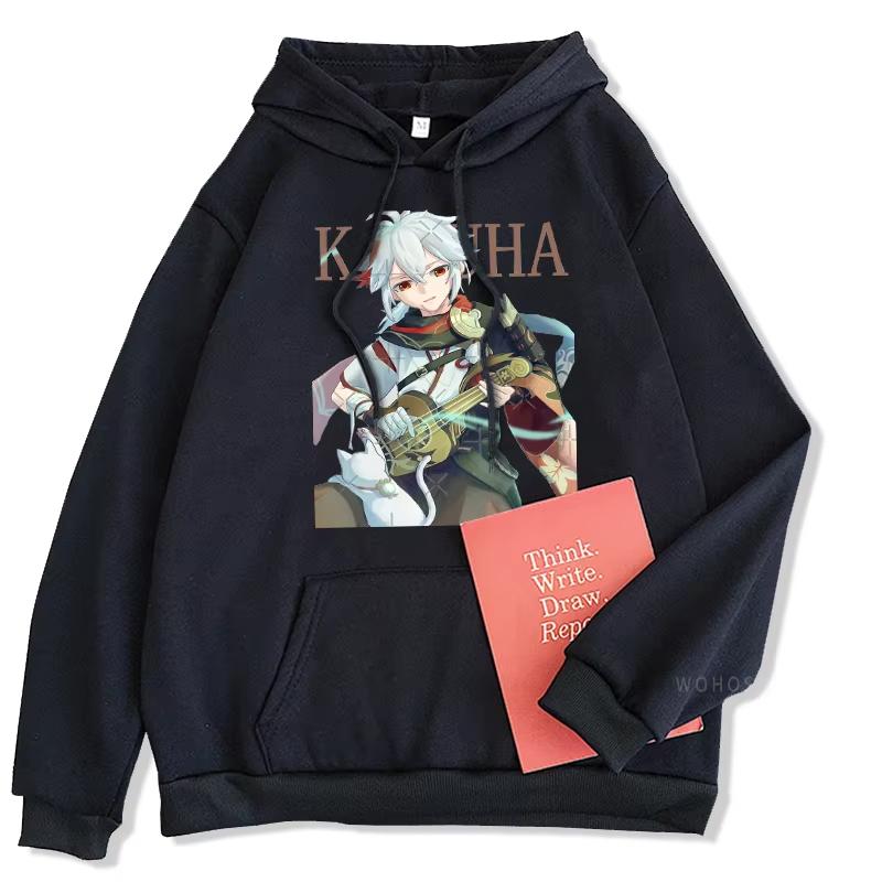 Anime Game Genshin Impact Hoodie Kaedehara Kazuha Manga Aesthetics Printed Unisex Oversized Black Streetwear Hooded Sweatshirts