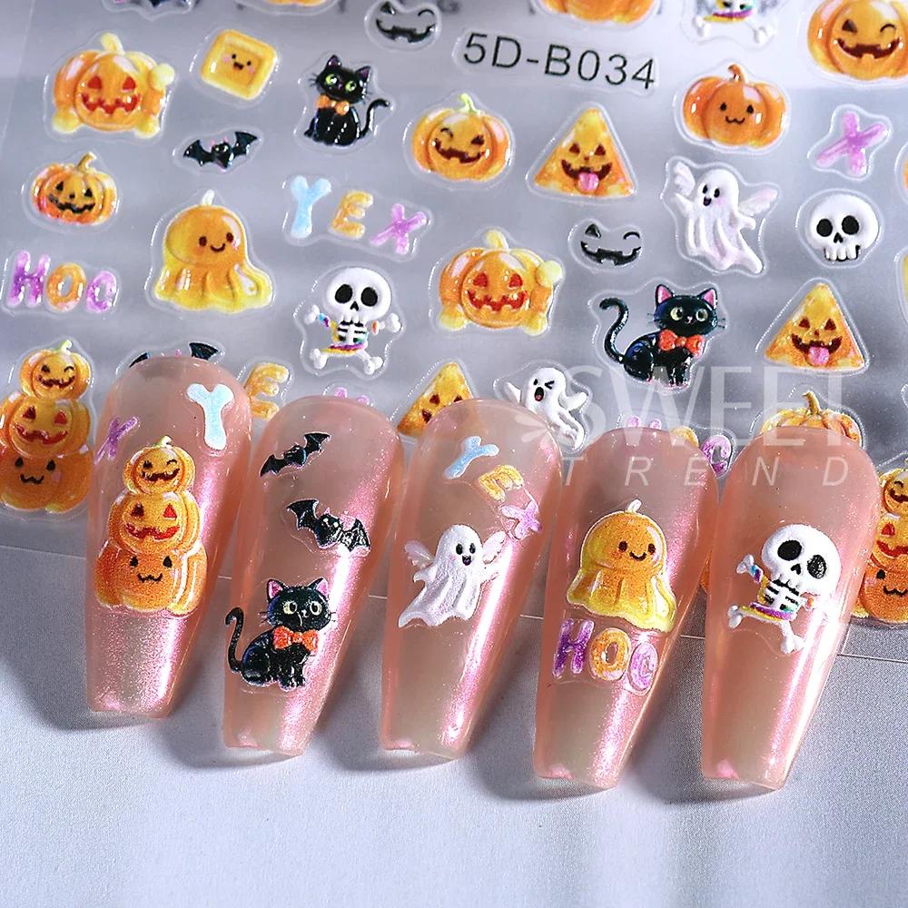 1/3pcs 5D Embossed Halloween Nail Stickers Cute Skull Pumpkin Ghost Spider Nail Silder Decals Nail Supplies Manicure Decoration