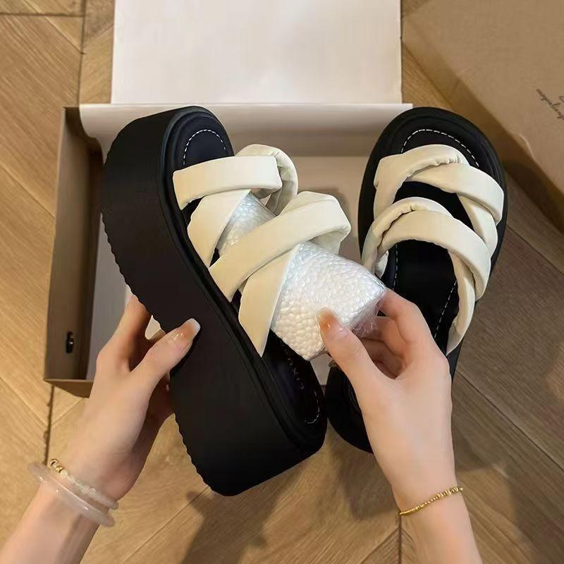Thick bottom heightening cool slippers women's summer wear 2025 new muffin bottom slope heel with skirt heightening beach drag women