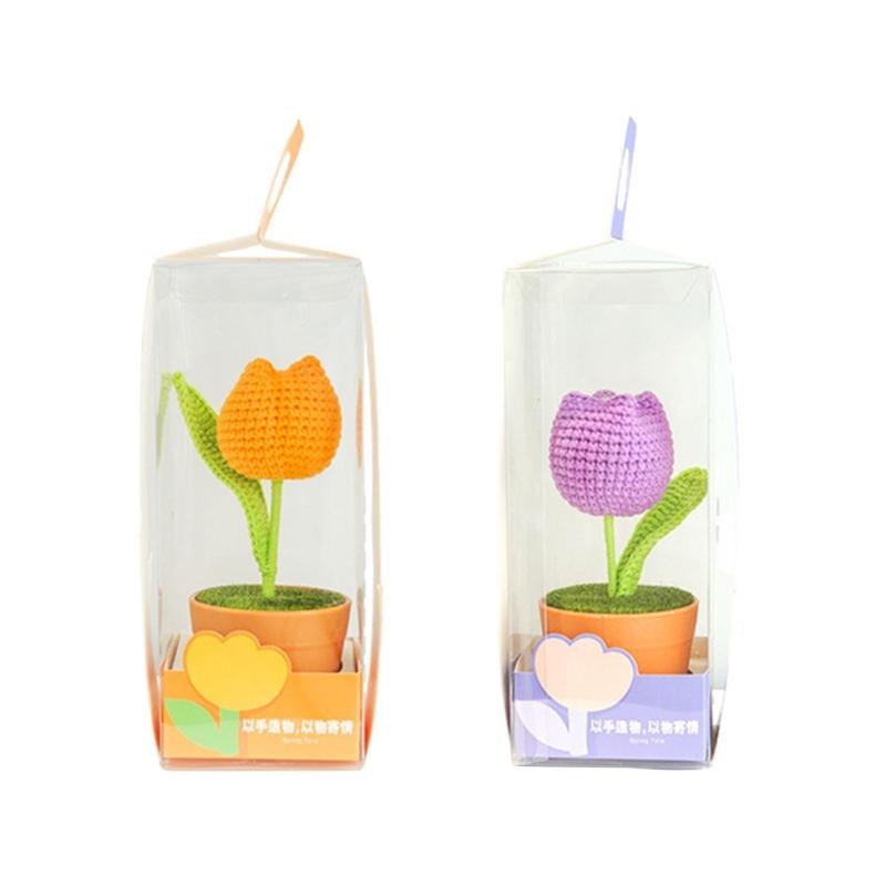 Artificial Knitted Tulips Flower Potted Hand Woven Crochet Flower Tulips Plant Desktop Ornament Home Decorations