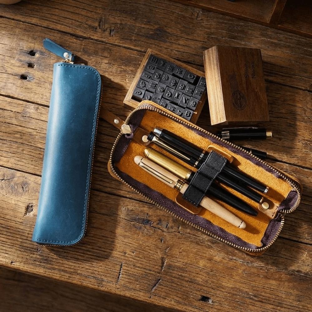 Portable Handmade Pencil Case Cowhide Compact Pen Bag Retro Zipper Closure Pen Protective Sleeve School Supplies