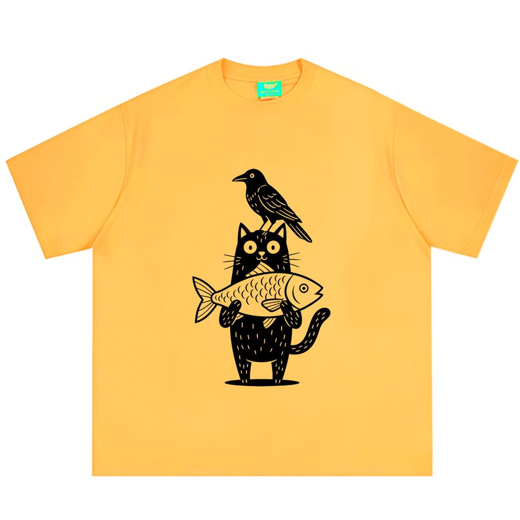 Cartoon Cat And Crow Fish Funny Meme Tshirt Unisex Unisex Vintage Fashion Tshirt Summer Shortsleeved Loose Casual Cotton Tshirts