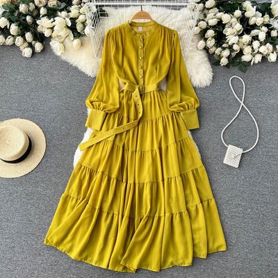 Spring and Autumn Women's V-neck Single-breasted Dress French Vintage Large Swing A-line Long Dress