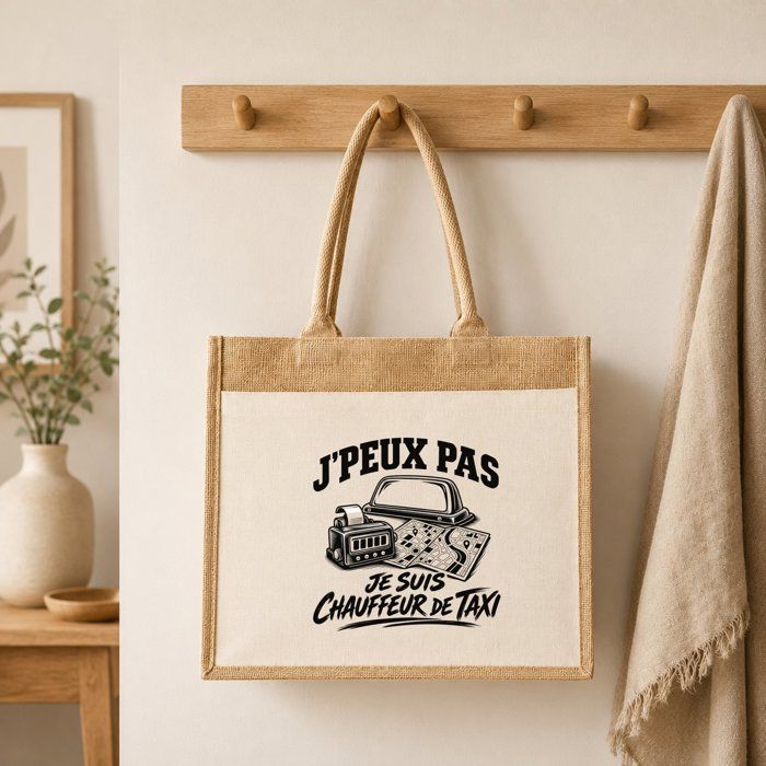Sac Cabas Jute avec Poche J’peux pas je suis Chauffeur de taxi J'peux pas minimaliste | Toile de Jute et Coton 21 L Fond Plat Anses