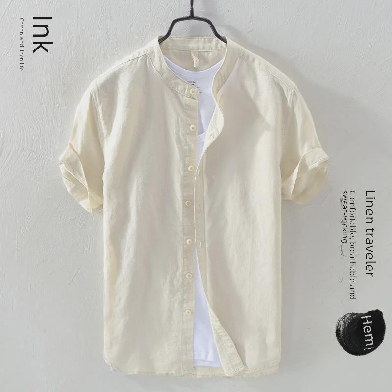 Men's Short-Sleeve Linen Shirt, Chinese Stand Collar, Casual Loose-Fit, Summer Trend