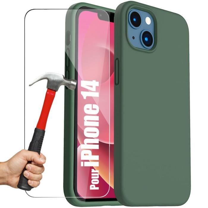 Coque Silicone - pour iPhone 14 - Vert Nuit - Antichoc - 2 Verres Trempés - Installation Facile