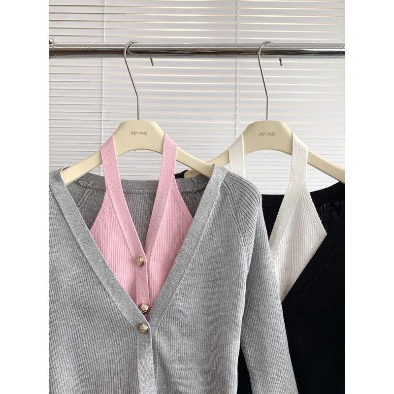 

Два вязаных кардигана с открытыми плечами для женского дизайна начала осени, уникальный и облегающий короткий топ контрастного цвета one size серый/розовый
